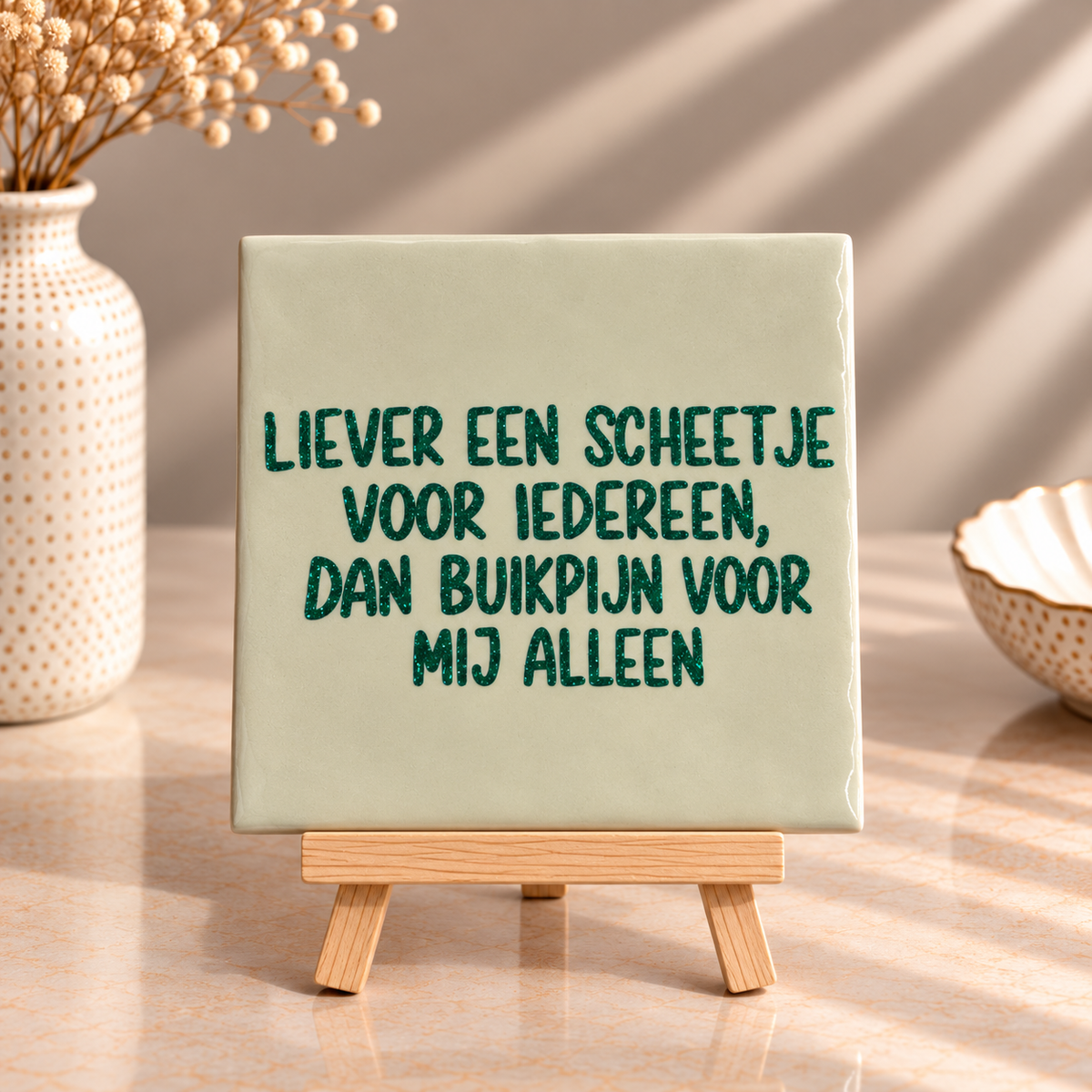 Grappig groen glitter tegeltje op houten ezeltje