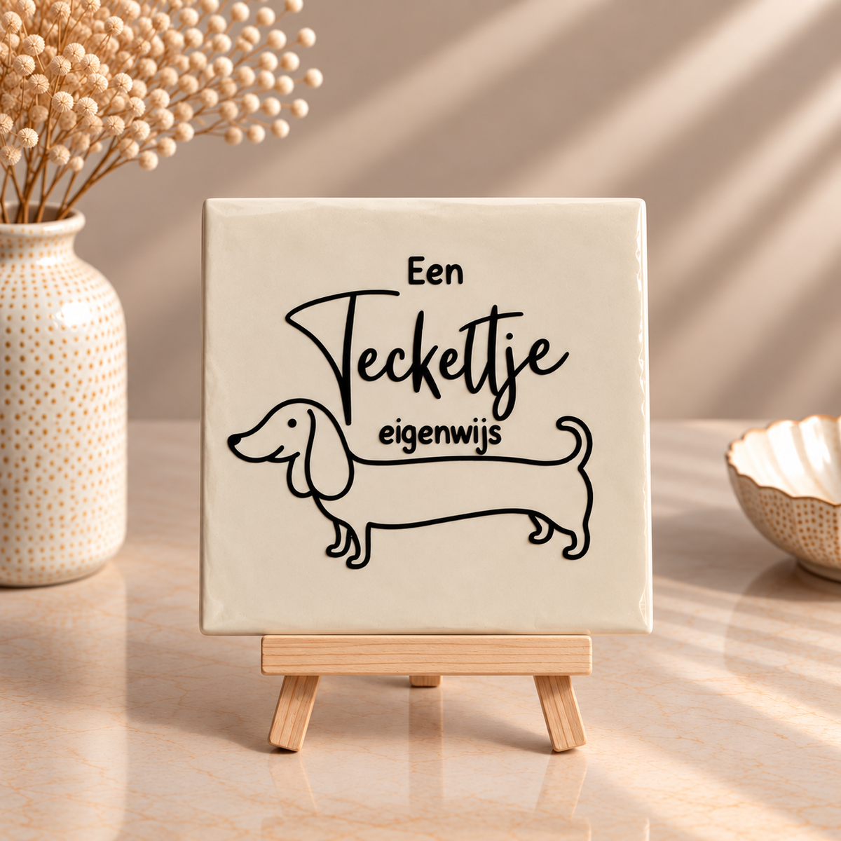 Teckel tegeltje Een Teckeltje eigenwijs op houten ezeltje