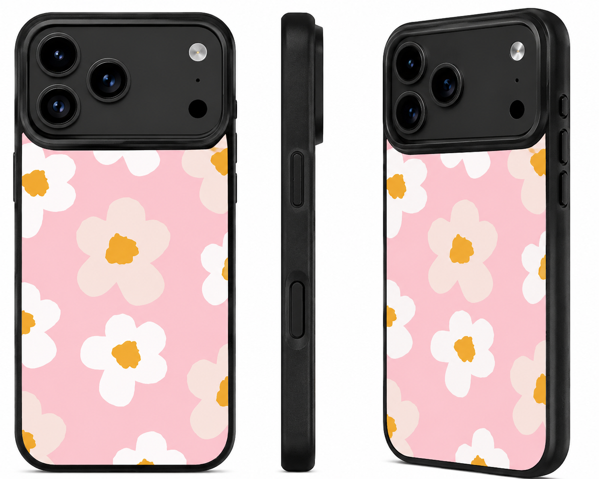 Schuine weergave van roze telefoonhoesje met bloemenprint.