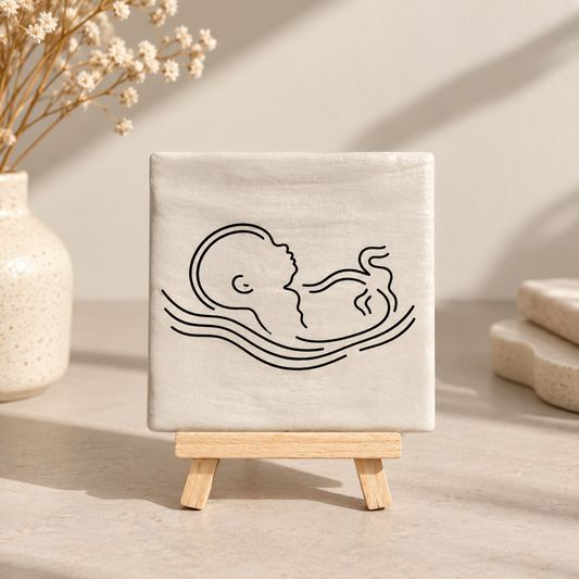 Echo tegeltje van parelmoer met baby lijntekening als zwangerschap cadeau