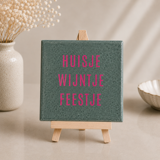 Portugees tegeltje Huisje Wijntje Feestje op houten ezelstandaard