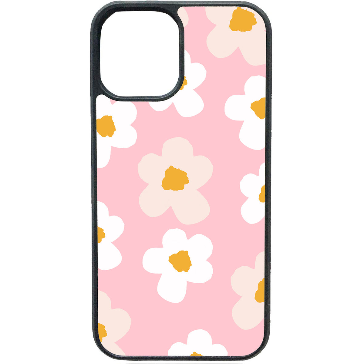Roze telefoonhoesje met witte en beige bloemen en gele bloemharten, geschikt voor iPhone.