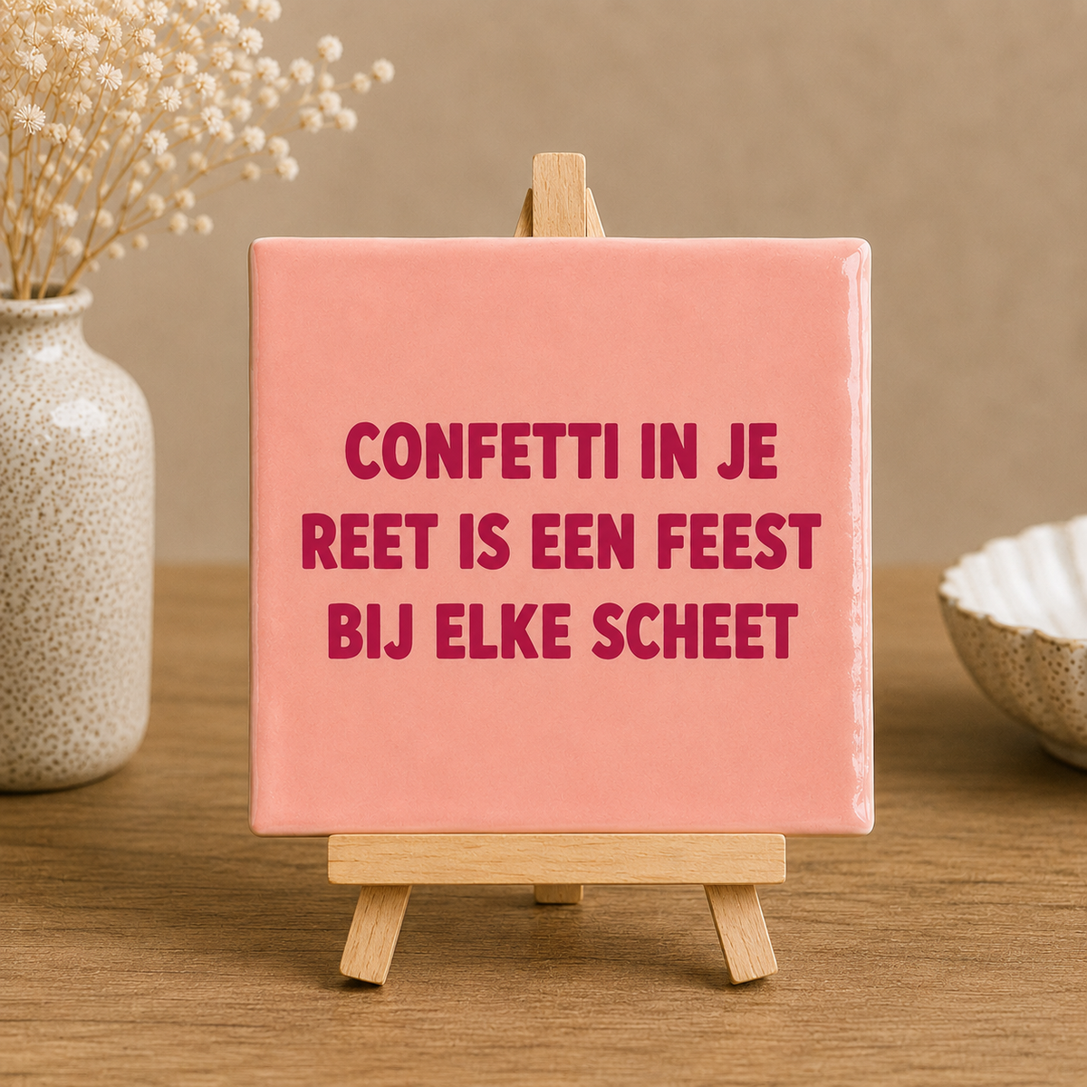 Grappig roze tegeltje met tekst op houten ezelstandaard